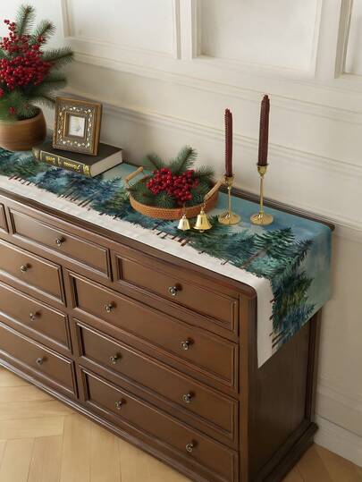 1pc Christmas Gift Christmas Snowman, Reindeer, Christmas Tree Atmosphere Decorative Red Plaid Table Runner, Atmosphere Home Decor Table Runner, Suitable For Living Room, Bedroom, Kitchen, Stain-Resistant Table Runner