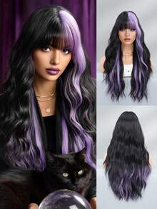 7JHH WIGS Long Wave Black & Purple Highlight Wigs For Women - Loose Fluffy Wavy Curly Wig With Bangs, Full Machine High Density Synthetic Heat Resistant Fiber Hair, Exaggerated Style Anime Halloween Costume Wigs For Cosplay Wear, Masquerade Ball & Music Festival Carnival Party Use 26 Inch - 挑染紫色 - 查看 2