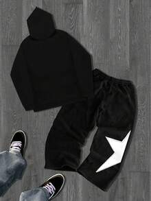 Conjunto de máscara, sudadera con capucha y pantalón de chándal de estilo callejero de moda para hombres - Negro - Ver 3