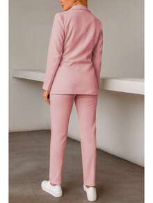 Conjunto elegante de blazer y pantalón de manga larga con cuello chal y doble botonadura para mujer, tejido elástico medio. - Rosa vieja - Ver 4