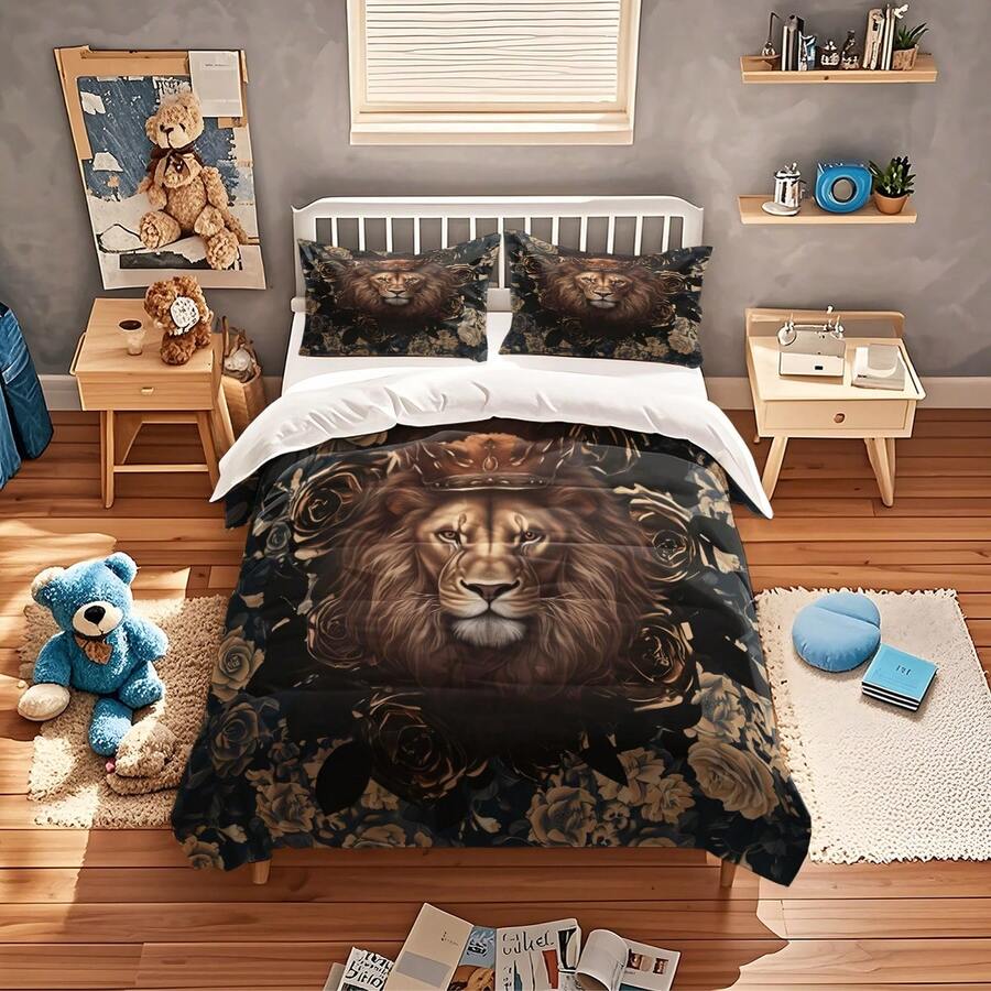 3pcs/Set High-End Wild Lion Digital Printing Bedding Set - Multicolor - View 1