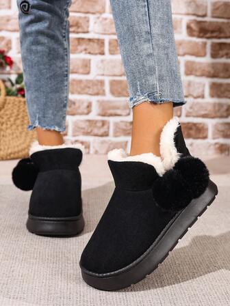 Women's Winter New Comfortable Plush Warm Snow Boots With Fur Trim And Pom-Pom Decoration, Ankle Boots