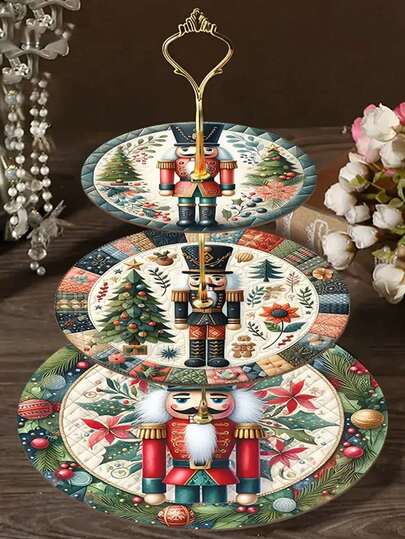 1 Christmas Nutcracker Tray - 3-Layer Stackable Decorative Plate Stand With Nutcracker Soldier Pattern, Green/Red/Blue/Pink/Beige Floral Design - Elegant Holiday Table Decoration For Living Room, Dining Room, Party - Non-Electric Decoration - Creative Christmas Gift, Exquisite Craftsmanship