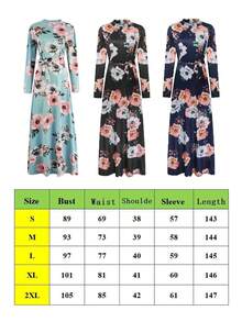 High Neck Floral Print Dress With Belt Elegant Dress For Women Fashion,Floral Print Dress With Wide Sleeves - 黑色 - 查看 5