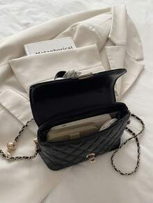 时尚菱形图案手提包，配有链条肩带，多功能单肩包 - 黑色 - 查看 4