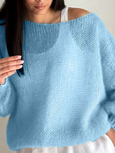 Plus Size Women Lightweight Breathable Mesh Shoulder Exposed Solid Color Mohair Hollow Out Soft Fuzzy Minimalist Plus Size Casual Knit Pullover Sweater, Suitable For Layering, Casual, Date Night, Photography, Spring/Autumn/Winter
