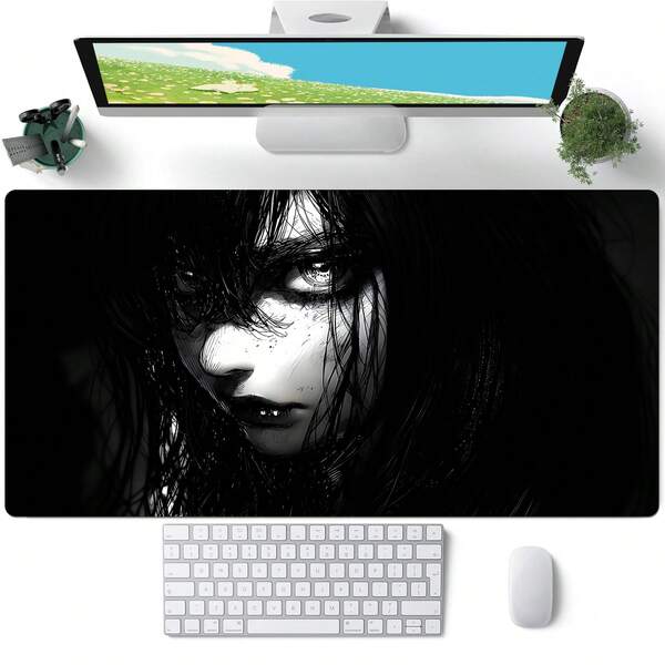 1pc Anime Girl Gaming Mouse Pad For Desk, Black Mousepad XL Cool Mouse Pad Anime, Long Big Mouse Mat Extended Large Minimalist Background Mouse Mat