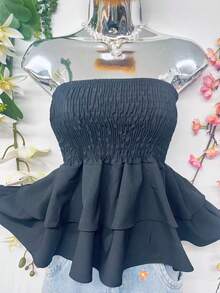T110Cropped Elastic Blouse With Ruffle - 黑色 - 查看 3