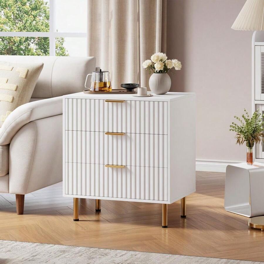 Tzou Fluted 3/5/6 Drawer Dresser, Modern Bedroom Dresser With Deep Storage Drawers & Wide Surface, Multi-Functional Wooden Organizer For Living Room, Hallway - 白色三抽屜櫃 - 查看 1