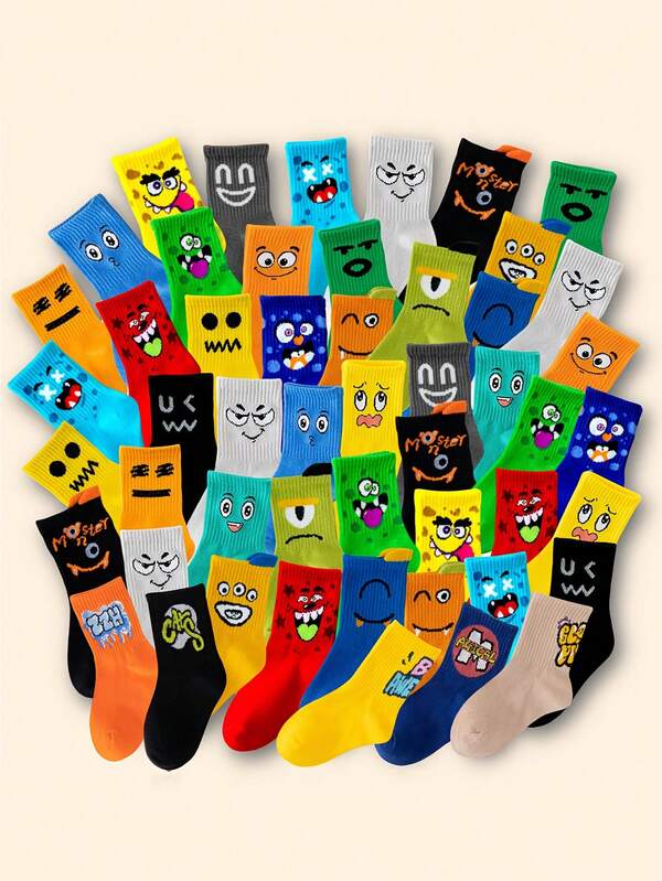 10/20 Pairs Of Children's Random Expression Socks, Children's Socks, Sports Socks, Suitable For Daily Life/Dressing, Boys And Girls, Suitable For All Seasons, Autumn And Winter Styles, Breathable, Soft, Comfortable, Meet Gift Giving Needs, (1-16 Years Old)