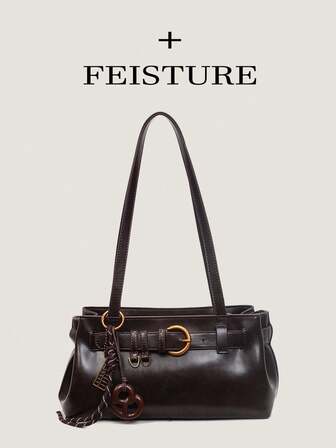 1 st. vintage axelväska med remdekor, PU-material underarmsväska med hänge, lämplig för dagliga utflykter, dejting, pendling