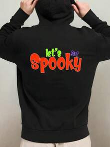 1 Pack Men'S Funny Let'S Spooky Halloween Hooded Sweatshirt - Oversized Black Polyester Hoodie With & Bat Graphic, Long Sleeve Casual Pullover For Everyday & Weekend Wear, Spooky Party Outfit, Dur,Fall Hoodies,Men's Fall Clothes,Street Wear,Halloween,Mens Hoodies,Y2k Clothes,Jesus Hoodie,Thanksgiving Day,Nightmare Before Christmas,Christmas - 黑色 - 查看 1