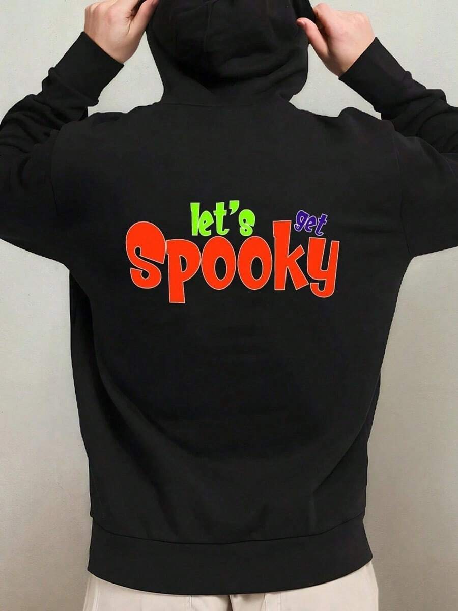1 Pack Men'S Funny Let'S Spooky Halloween Hooded Sweatshirt - Oversized Black Polyester Hoodie With & Bat Graphic, Long Sleeve Casual Pullover For Everyday & Weekend Wear, Spooky Party Outfit, Dur,Fall Hoodies,Men's Fall Clothes,Street Wear,Halloween,Mens Hoodies,Y2k Clothes,Jesus Hoodie,Thanksgiving Day,Nightmare Before Christmas,Christmas - 黑色 - 查看 1