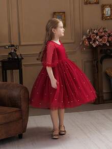 Robe élégante de Noël pour jeune fille, robe de princesse avec décoration de nœud, convient pour les petites filles pour le mariage, la fête, l'anniversaire, le banquet, les occasions formelles - Rouge foncé - Voir 5