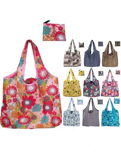 1pc Reusable Foldable Tote Bag, Cute Printed Large Capacity, Collapsible Handbag, Waterproof Big Capacity Shopping Bag With Handles, Shoulder Bag, Bag, Suitable For Travel, Picnic, Camping And Outdoor Activities, Essential For Home