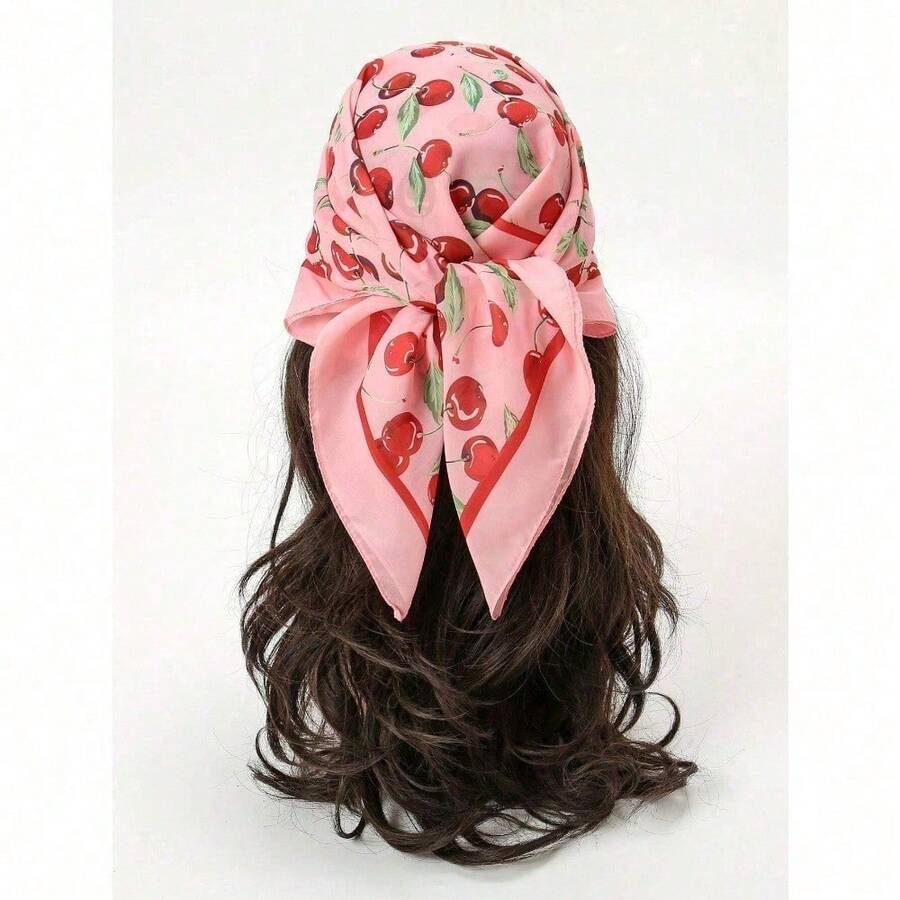 1pc Cherry Printing 70cm Bandana Women All-Match Waist Belt Pack Decoration Headscarf Streamer Headwear Fashionable Scarf ,Hair Band,Head Band Ideal For Dressing Up Your Look Valentine's Day Valentines - Hồng - Xem 1