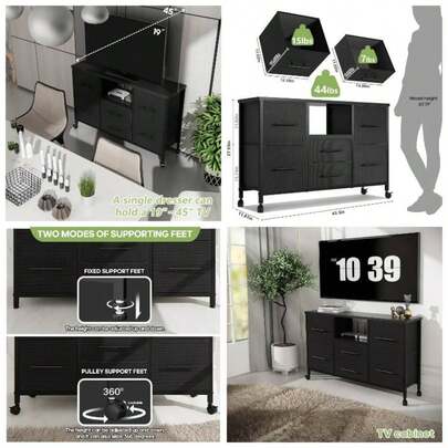 Chest Of Drawers, Dresser Bedroom With 6 Drawers, 43.3'' Long TV Stand With Storage Shelf, Clothes Storage Unit With 4 Castors, Fabric Drawers, Metal