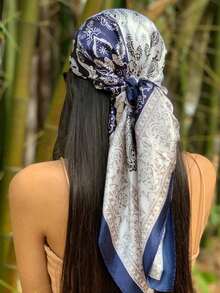 1PC Women's Red & White Paisley Printed Bandana, 90CM Large Satin Square Scarf, Silk-Feel Hair Wrap, Stylish Headscarf For Women, Elegant Hair Accessory For Casual & Formal Wear - 藍色和白色 - 查看 9