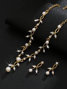 花朵珍珠项链耳环首饰套装，优雅新娘配饰，适合婚礼季和情人节佩戴 - 金色 - 查看 4