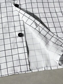 男士宽松字母格纹印花短袖梭织白衬衫，街头潮流必备，Emo 风格 - 白色 - 查看 5