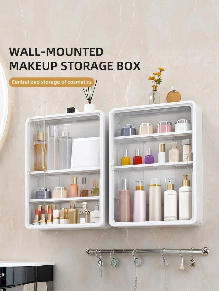 1pc Wall Mount Makeup Organizer, No Drill Adhesive Clear Cosmetic Display Case With Adjustable Shelves, Multi-Functional Bathroom Storage Box For Countertop, Space Saving Vanity Organizer For Home Office - 白色 - 查看 1