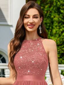 MIUSOL Vestido longo de festa de noite com decote halter, renda floral com lantejoulas e bainha assimétrica plissada, vestido assimétrico para mulher, vestido de gala formal, vestido de baile, vestido de casamento - Rosa Empoeirado - Ver 9