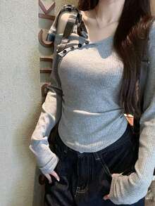 新款女式露肩灰色打底衫，甜美性感蝴蝶结露肩休闲上衣，初秋