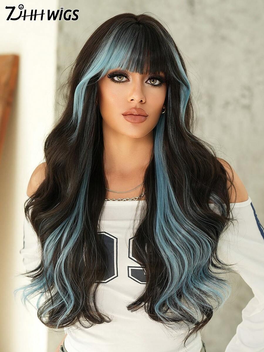 7JHH WIGS Long Wave Black & Blue Highlight Wigs For Women - Loose Fluffy Wavy Curly Wig With Bangs, Full Machine High Density Synthetic Heat Resistant Fiber Hair Purple Red Wigs For Daily Wear,Halloween Cosplay & Music Festival Party Use 26 Inch - 挑染藍色 - 查看 1