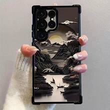 Mountain And Water Painting Four-Corner Airbag Electroplated Phone Case Suitable For Samsung GALAXY S25 ULTRA S24 Plus S23 Fe , Compatible With  17 AIR 16 Promax 15 Pro Max Case 14,  13 Cases Protective Black Cover For Both Men And Women Gift. - 黑色 - 查看 1