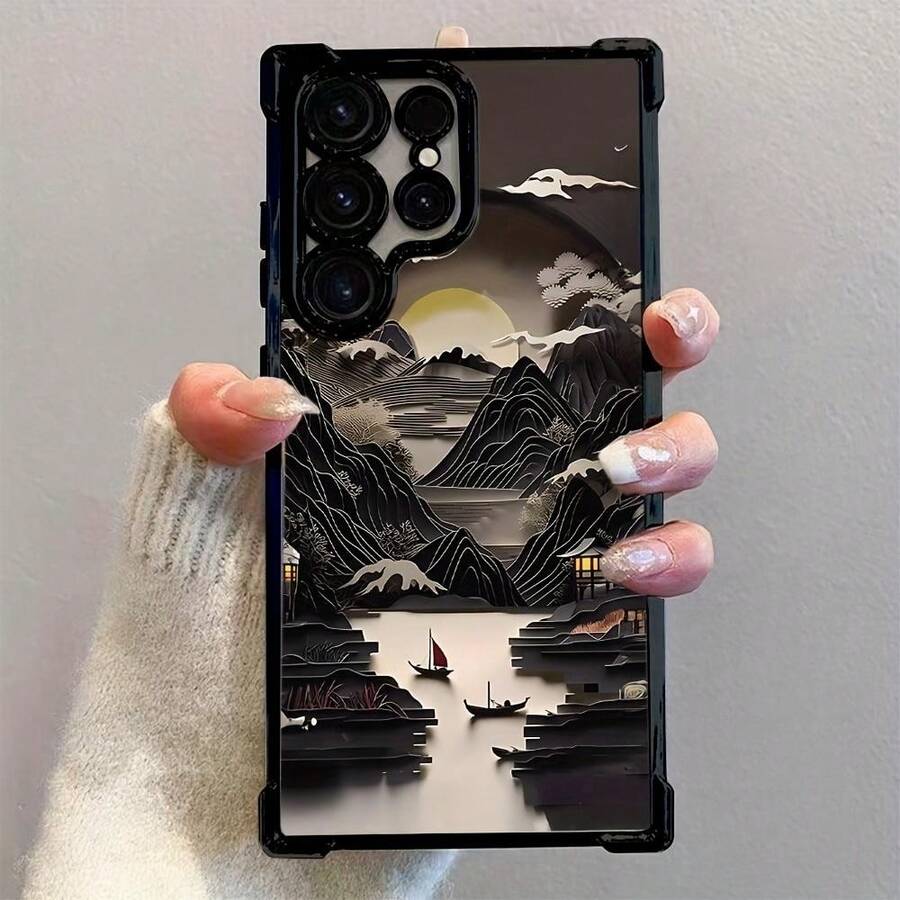 Mountain And Water Painting Four-Corner Airbag Electroplated Phone Case Suitable For Samsung GALAXY S25 ULTRA S24 Plus S23 Fe , Compatible With  17 AIR 16 Promax 15 Pro Max Case 14,  13 Cases Protective Black Cover For Both Men And Women Gift. - 黑色 - 查看 1