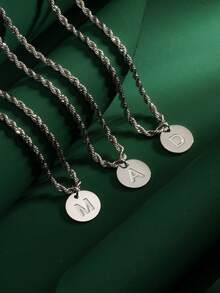 1件装时尚嘻哈风不锈钢26字母A-Z吊坠，搭配不锈钢扭链项链，适合男士日常佩戴 - 銀色 - 查看 1