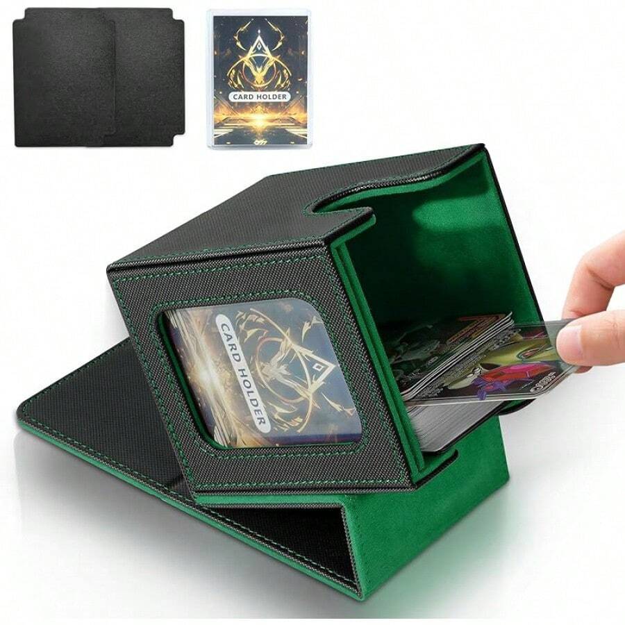 Magnetic Card Deck Box For TCG Storage, Holds 100 Double-Sleeved Cards - Black & Green - View 1