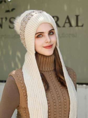 1pc Korean Style Versatile Hat, Women's Cute Knitted Beanie Hat With Scarf For Autumn/Winter, Warm Ear & Neck Protection, Thick Knitted