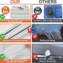 Lona impermeable de uso pesado, cubierta impermeable de polietileno de múltiples usos con ojales metálicos y bordes reforzados, para lluvia de emergencia, muebles de patio, techos, campamento, automoción, piscinas, color plateado