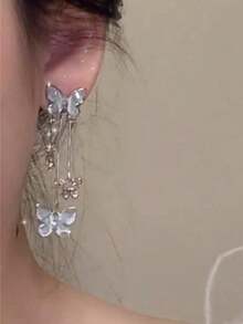 1 Pair Elegant Butterfly Tasseled Long Earrings, Versatile For Everyday Wear - 銀色 - 查看 3