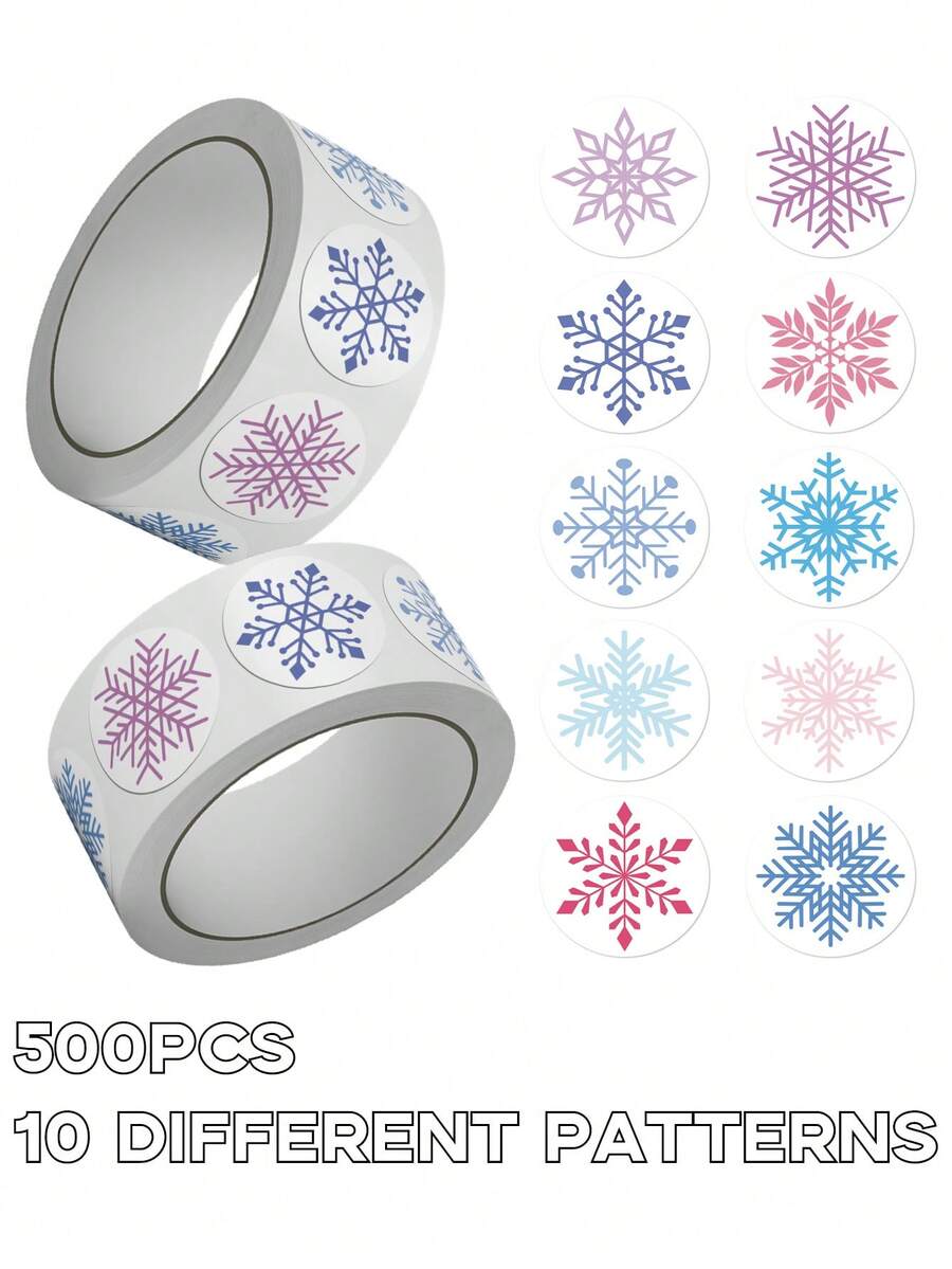 1 Rollo/500 piezas Pegatinas de copos de nieve de colores para Navidad - ¡Perfectas para sellar y decorar sobres de regalo!