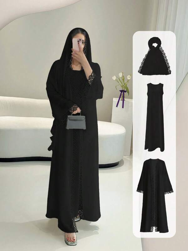 Open Robe Abaya Set With Lace Trim, Sleeveless Inner Dress & Chiffon Headscarf - Lightweight, Modest & Breathable For Spring/Summer