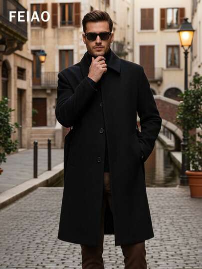 男士复古硬币图案长袖纽扣大衣，简约优雅绅士休闲舒适通勤时尚，秋冬款