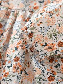 年轻女孩宽松碎花翻领长袖连衣裙，学院风 - 橘色 - 查看 5