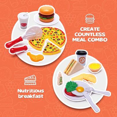 Bộ đồ chơi Pizza & Burger chân thực, Đồ chơi nhập vai thực phẩm cho trẻ em (Trò chơi nhà bếp tương tác + Nhận biết & trí thông minh về thực phẩm + Chơi thực hành + Quà tặng ngày lễ), Bao gồm Pizza có thể tháo rời, Burger nhiều lớp, Kem, Cà phê và các loại thực phẩm chân thực khác để trẻ em nhập vai trong bếp