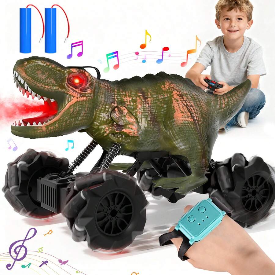 Dinosaur Remote Control Car Toys For Kids Boys, RC Stunt Drift Car With Light, Sound, Spray, Indoor Outdoor All Terrain Electric Toys Christmas Gifts For 3 4 5 6 7 8+ Year Old - 綠色 - 查看 1