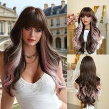 7JHH WIGS Long Wave Brown & Pink Highlight Wigs For Women - Loose Fluffy Wavy Curly Wig With Bangs, Full Machine High Density Synthetic Heat Resistant Fiber Hair Purple Red Wigs For Daily Wear,Halloween Cosplay & Music Festival Party Use 26 Inch - 挑染粉色 - 查看 12