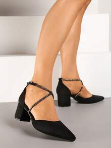 Elegant Pointed Toe Block Heel Pumps - Women's Evening/Party Shoes - Black - View 2