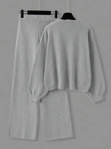 Bộ đồ nữ áo len dài tay cổ tròn trễ vai màu trơn và quần ống rộng, thu/đông - Xám - Xem 4