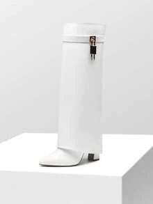Women's High Heel Knee-High Boots Fold Over Cuff Padlock Pointed Toe Side Zipper Y2K Party Festival Tall Boots For Fall And Winter - trắng - Xem 5