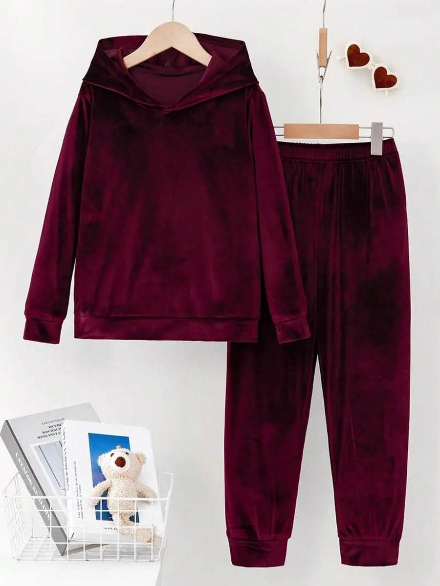 Set da 2 pezzi da donna taglie forti, felpa con cappuccio elegante e casual in colore unito, per la primavera - Bordò - Visualizzare 1