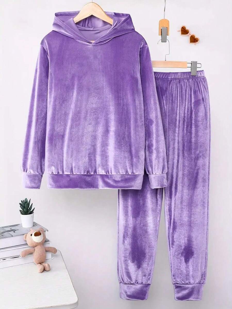 Women's Plus Size Solid Color Elegant Casual Hooded Sweatshirt 2-Piece Set - Purple - View 1