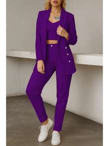 Conjunto elegante de blazer y pantalón de manga larga con cuello chal y doble botonadura para mujer, tejido elástico medio. - Morado - Ver 2