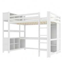 Hochbett 140x200 cm mit SCHREIBTISCH & KLEIDERSCHRANK | Komplett-Arbeitsplatz mit Regalen & Ablagefächern | Raumwunder für kleine Zimmer | Ohne Matratze, weiß