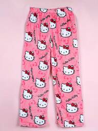  1pc Licensed By Sanrio Cute Hello Kitty Soft Plush Cartoon Pajama Pants Medium Thick Women's Pajama Pants, (Due To Size Differences Between Countries, Please Refer To The Size Chart And Purchase A Suitable Larger Size)Black Plush Warm Casual Home, Suitable For Spring, Autumn, Fall & Winter